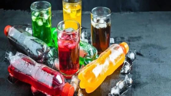 مجموعة من المشروبات الغازية الملونة موضوعة بجانب بعضها البعض للتوعية بأضرارها في إذاعة مدرسية.