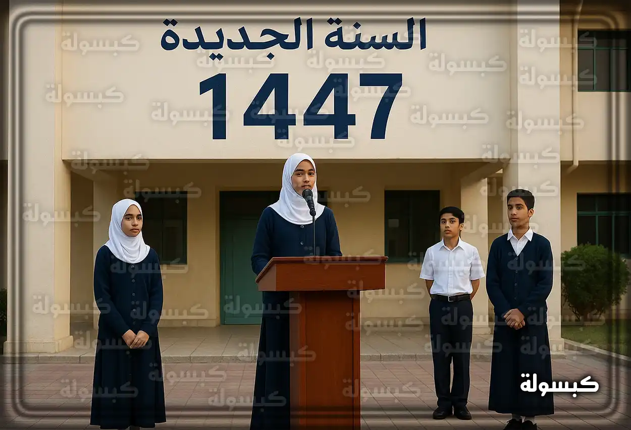 طلاب يقدمون إذاعة مدرسية عن رأس السنة الهجرية في طابور الصباح