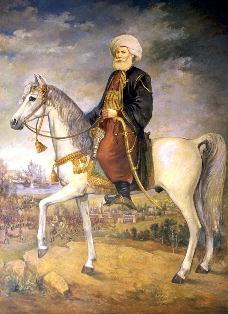 رسمة تاريخية لمحمد علي باشا، مؤسس مصر الحديثة، يظهر فيها بملابسه الرسمية ونظرة ثاقبة تعكس طموحه.